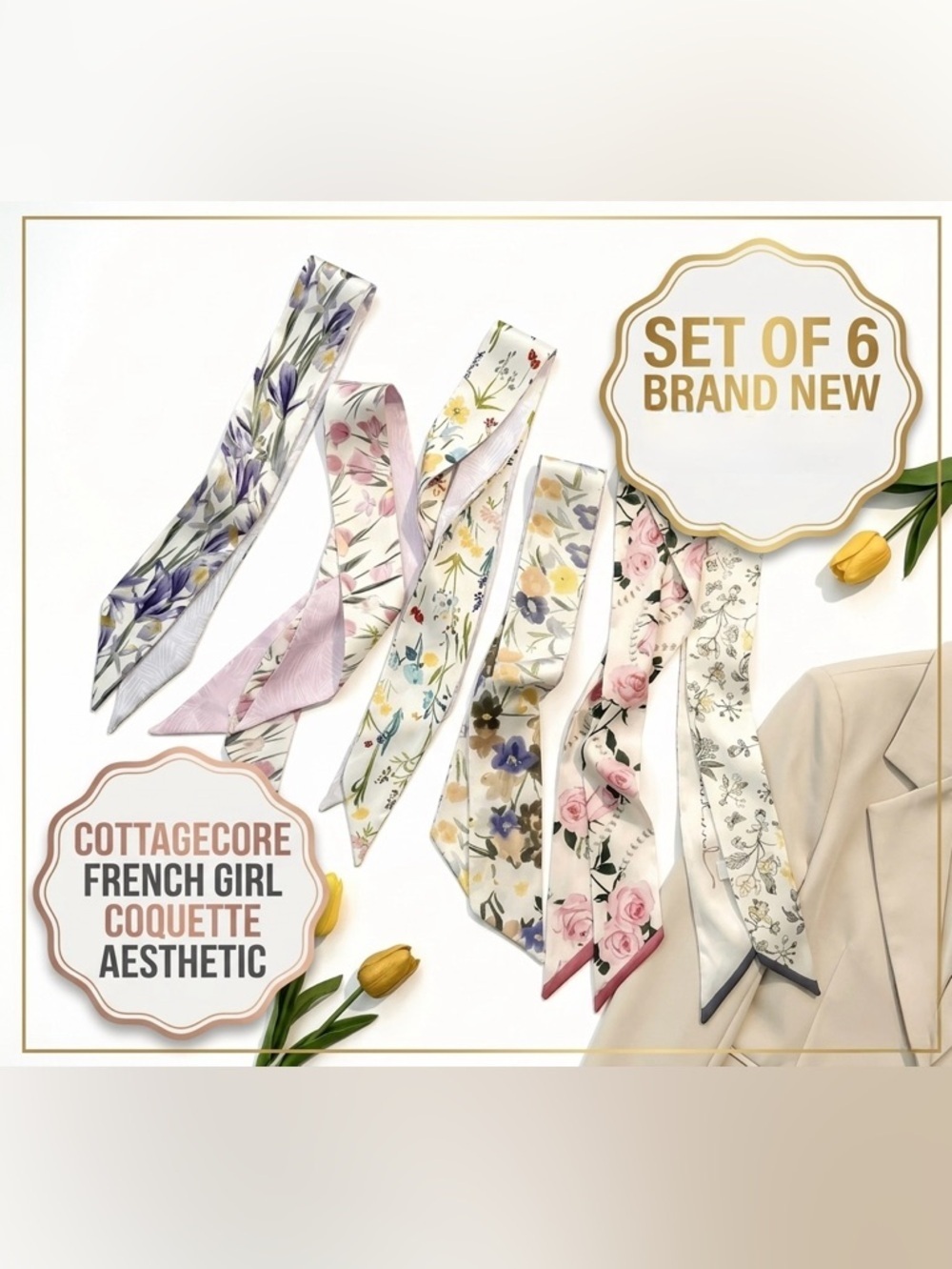 Set of 6 Floral Silky Twilly Scarves Bundle Cottagecore French Wildflower NWT